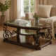 Wood Coffee Table | Tempered Glass Top | Ornate Metal Scrollwork | Brown