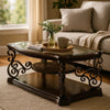 Wood Coffee Table | Tempered Glass Top | Ornate Metal Scrollwork | Brown