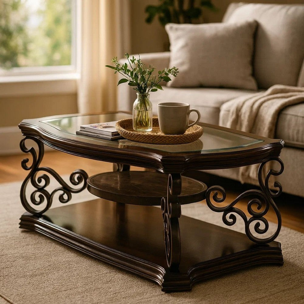 Wood Coffee Table | Tempered Glass Top | Ornate Metal Scrollwork | Brown