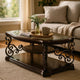 Wood Coffee Table | Tempered Glass Top | Ornate Metal Scrollwork | Brown