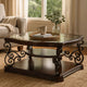 Wood Coffee Table | Tempered Glass Top | Ornate Metal Scrollwork | Brown