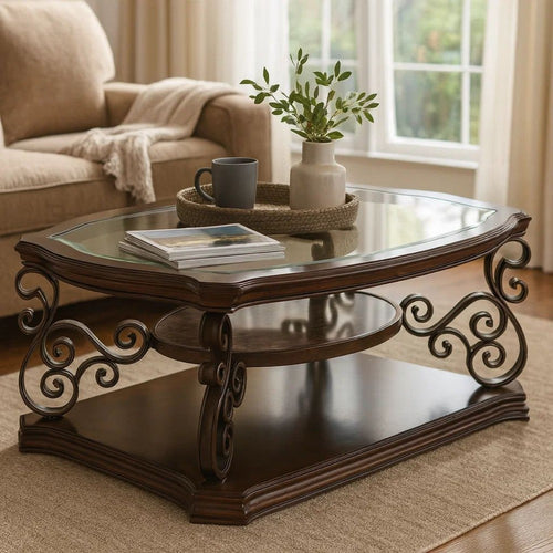 Wood Coffee Table | Tempered Glass Top | Ornate Metal Scrollwork | Brown