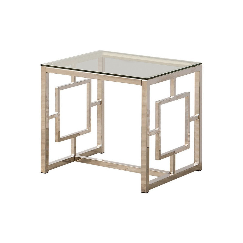 End Table | Tempered Glass Top | Lattice Cut Out Panels | Silver & Clear