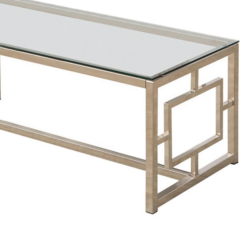 Tempered Glass Top Coffee Table with Lattice Cut Outs, Silver and Clear By Casagear Home