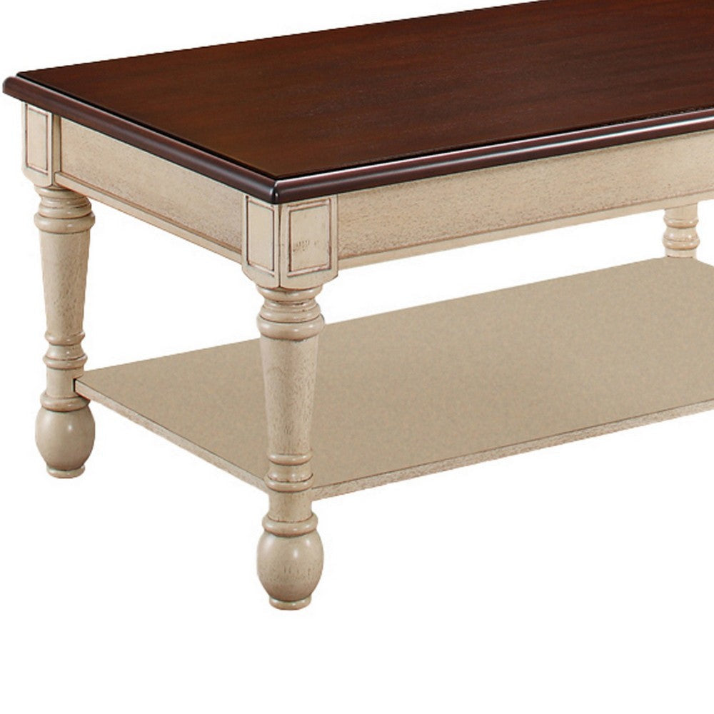 Wooden Frame Coffee Table with Turned Legs Brown and Antique White By Casagear Home BM219602