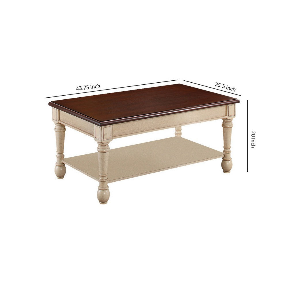 Wooden Frame Coffee Table with Turned Legs Brown and Antique White By Casagear Home BM219602