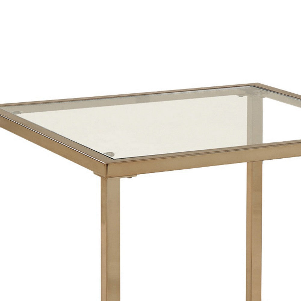 Glass Top End Table with Metal Frame and Open Shelf Brass By Casagear Home BM219607