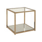 Glass Top End Table with Metal Frame and Open Shelf, Brass By Casagear Home