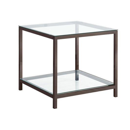 Glass Top End Table with Metal Frame and Open Shelf, Nickel By Casagear Home