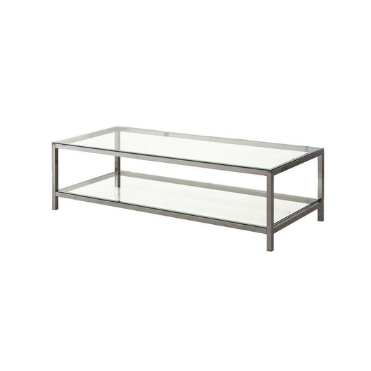Glass Top Coffee Table with Metal Frame and Open Shelf, Silver By Casagear Home