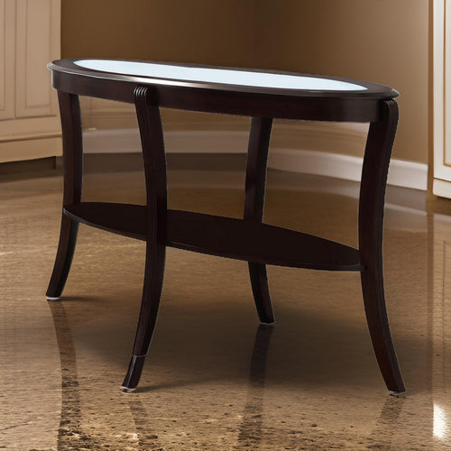Sofa Table | Oval Wood Top | Glass Insert | Open Shelf | Espresso Brown