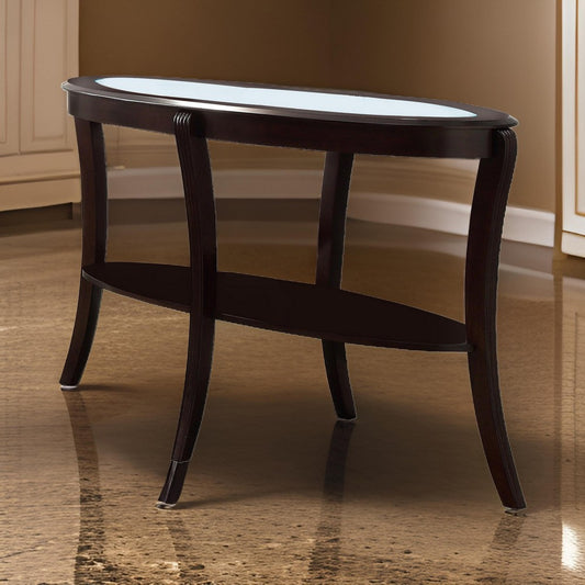 Sofa Table | Oval Wood Top | Glass Insert | Open Shelf | Espresso Brown