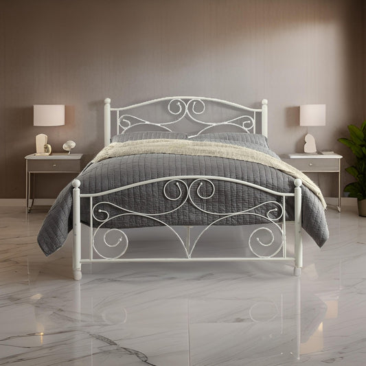 Metal Full Size Platform Bed with Scrollwork Details, White By Casagear Home