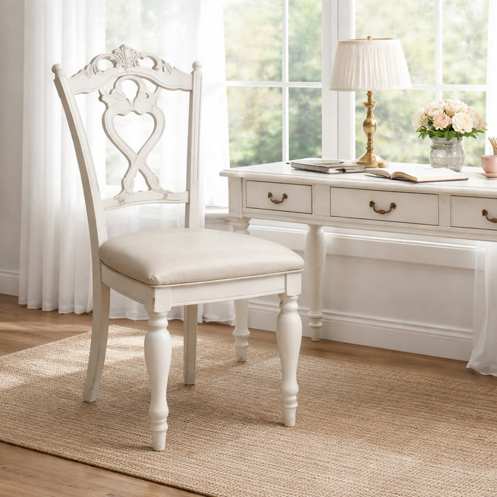 Victorian Style Writing Desk Chair with Engraved Backrest, Antique White