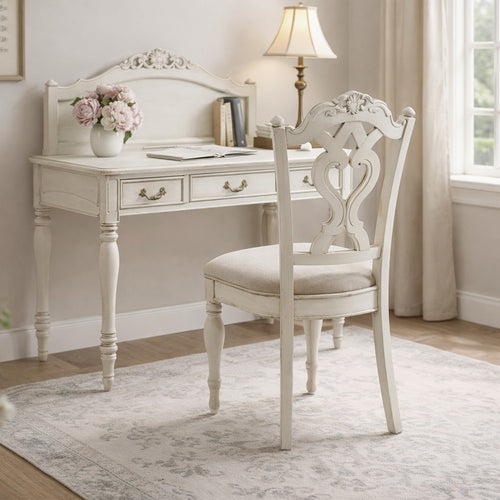 Victorian Style Writing Desk Chair with Engraved Backrest, Antique White