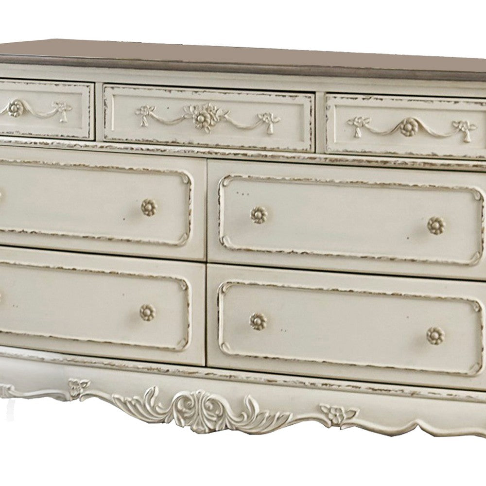 Dresser | 7 Drawer | Floral Motif Carving Details | Antique White & Brown BM219790
