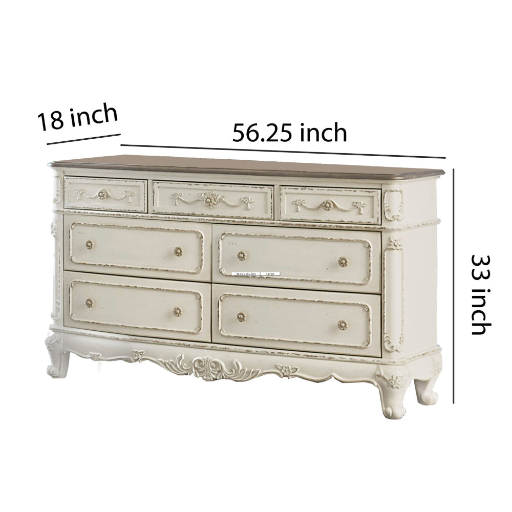 7 Drawer Dresser with Floral Motif Carving Details Antique White and Brown By Casagear Home BM219790