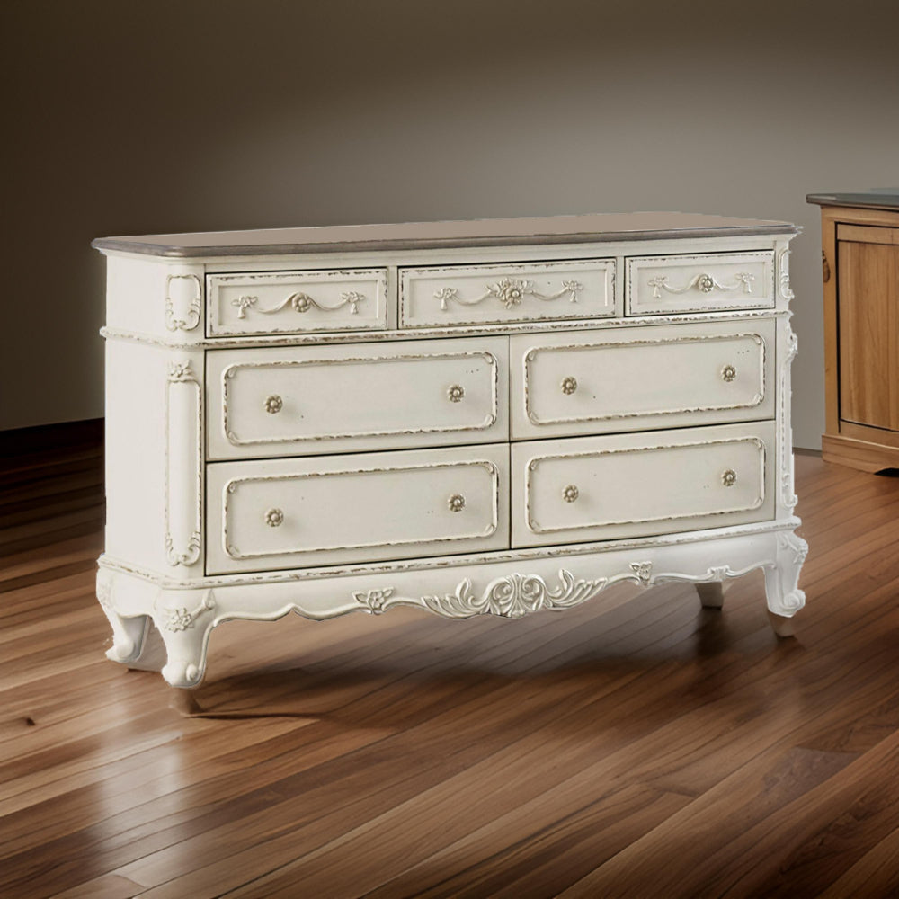 7 Drawer Dresser with Floral Motif Carving Details Antique White and Brown By Casagear Home BM219790