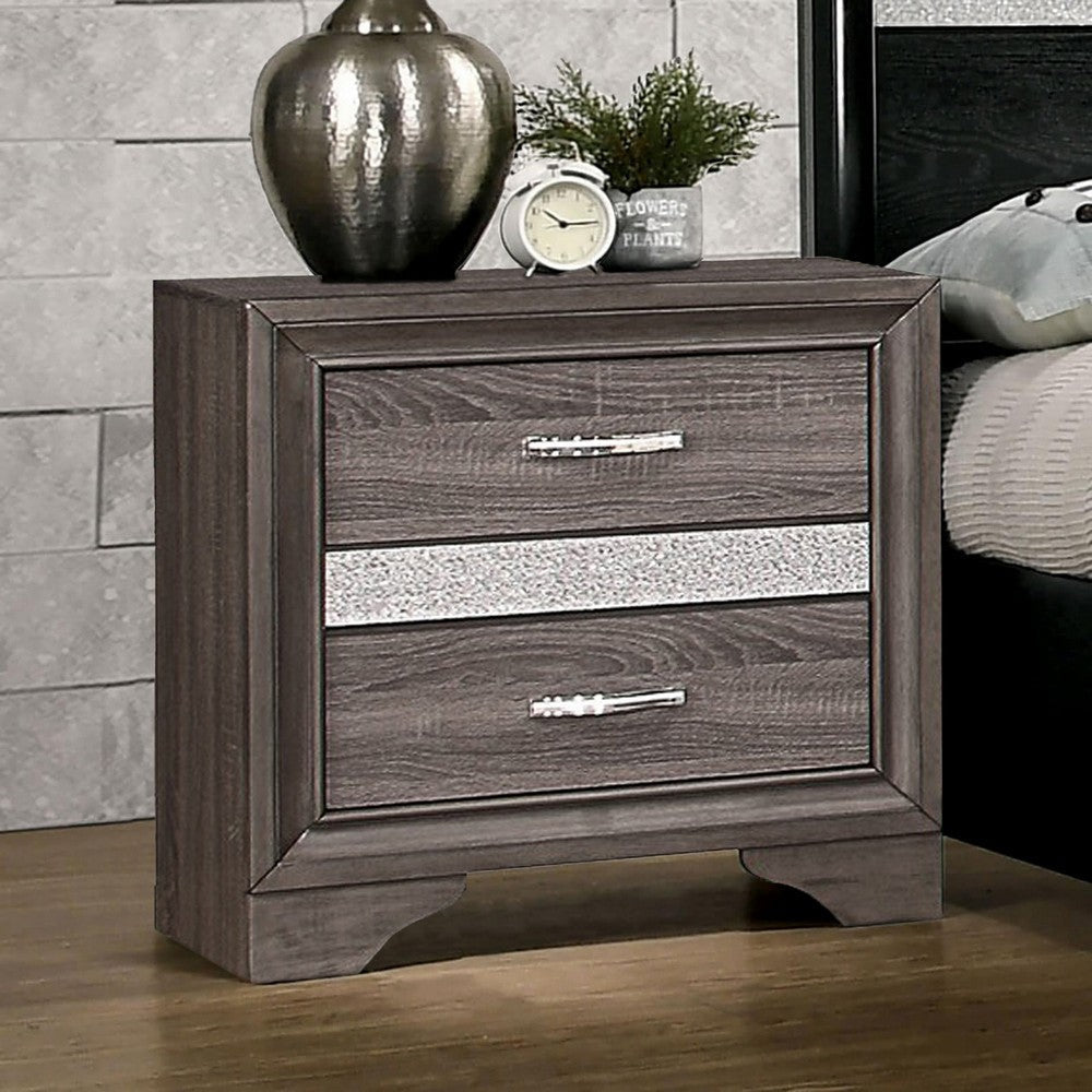 Wood Nightstand | 2 Drawer | Hidden Jewelry Drawer | Gray & Silver