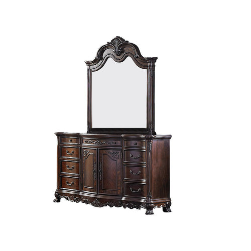 Traditional Dresser Mirror | Wood | Engraved Details | Cherry Brown
