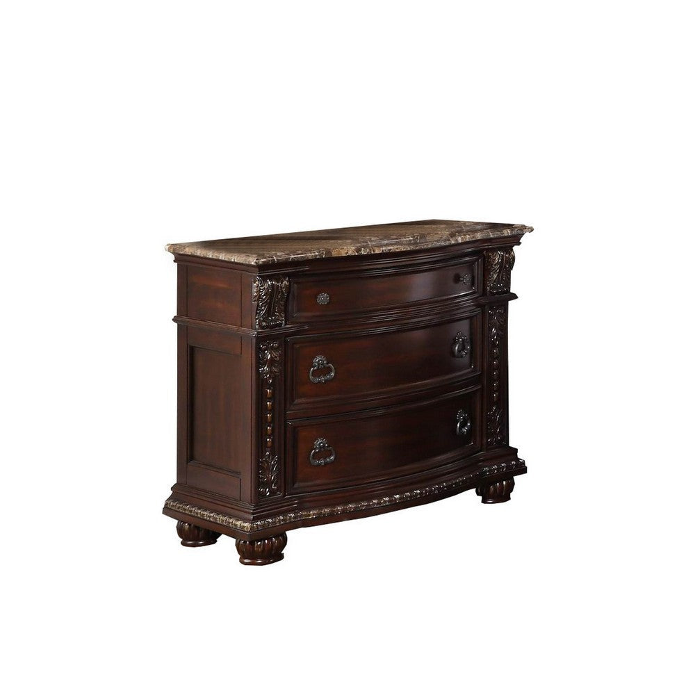 European Nightstand | 3 Drawer | Marble Top | Dark Cherry Brown