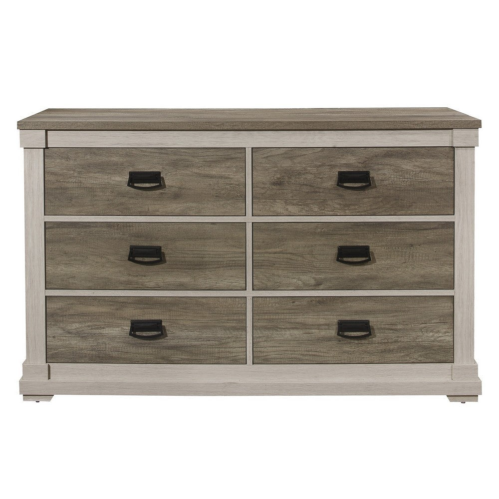 6 Drawer Wooden Dresser with Hanging Pull Handles White and Weathered Gray By Casagear Home BM219883