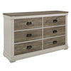 6 Drawer Wooden Dresser with Hanging Pull Handles, White and Weathered Gray By Casagear Home