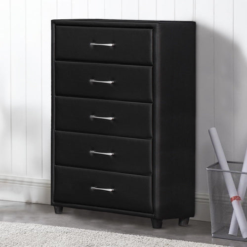 Faux Leather Tall Dresser Chest | 5 Drawer | Wood Frame | Tapered Legs | Black