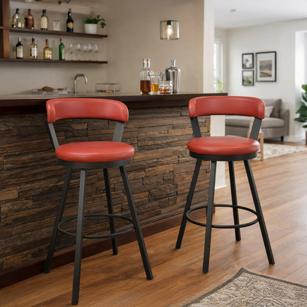 Leatherette Pub Chair with Curved Design Open Backrest, Set of 2, Red