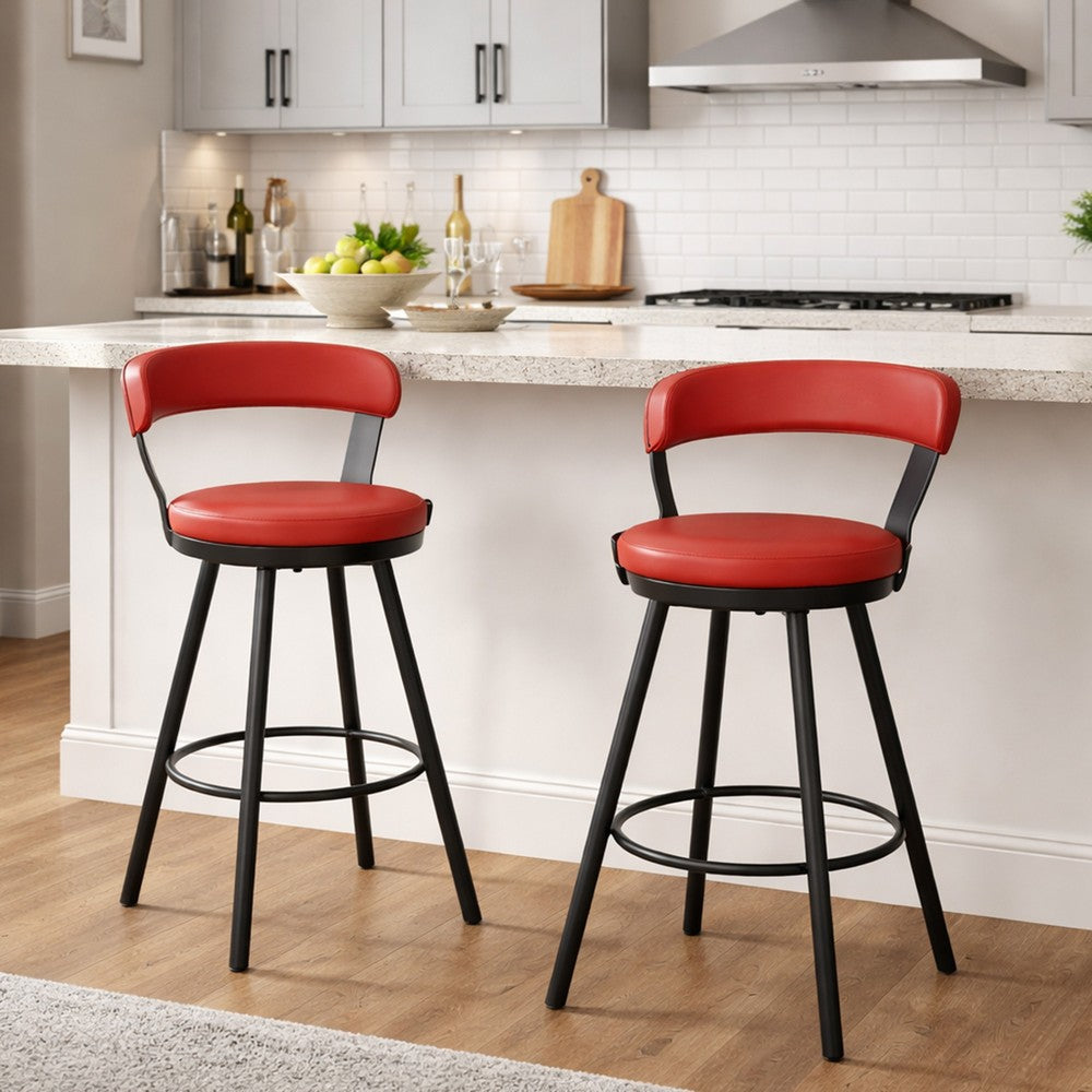 Leatherette Pub Chair with Curved Design Open Backrest, Set of 2, Red