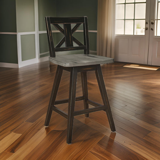 Swivel Counter Height Chair | Farmhouse | X Shaped Back | Set of 2 | Antique Gray Black