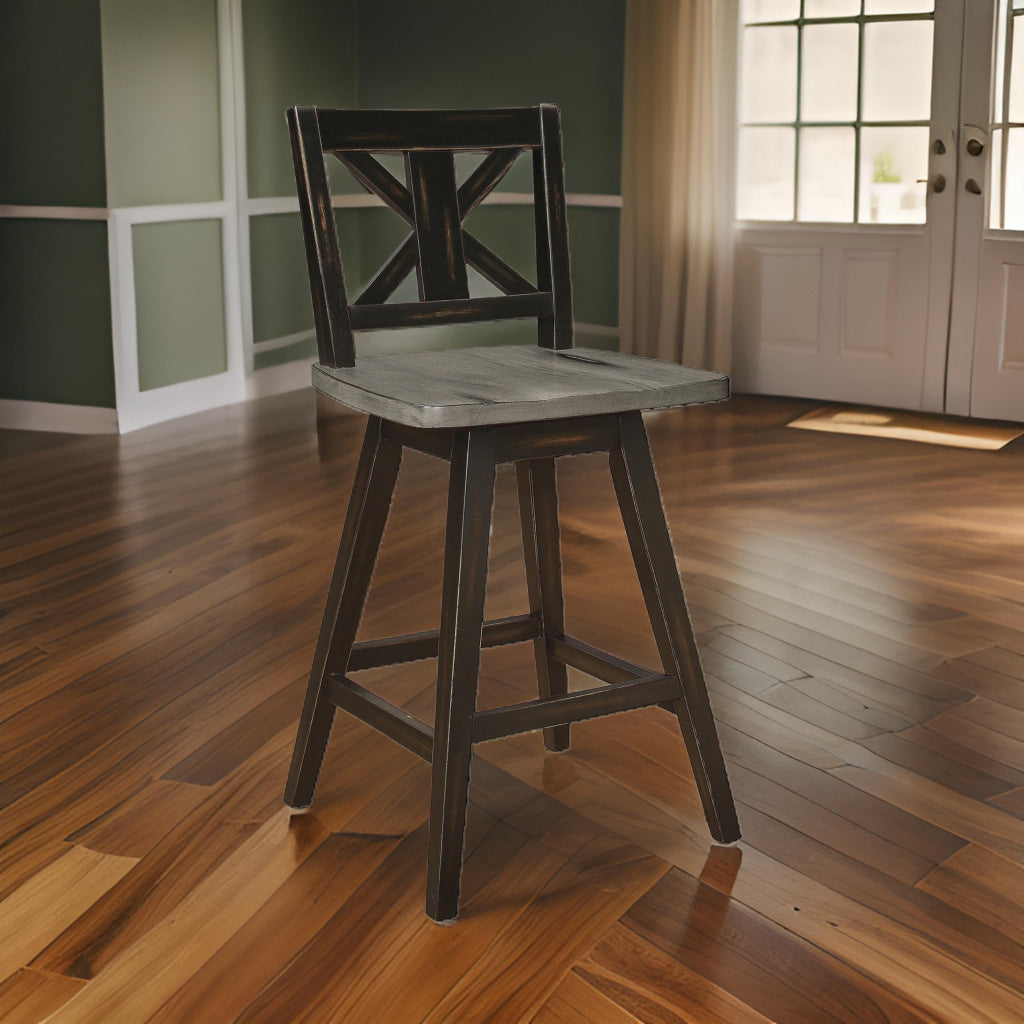 Swivel Counter Height Chair | Farmhouse | X Shaped Back | Set of 2 | Antique Gray Black