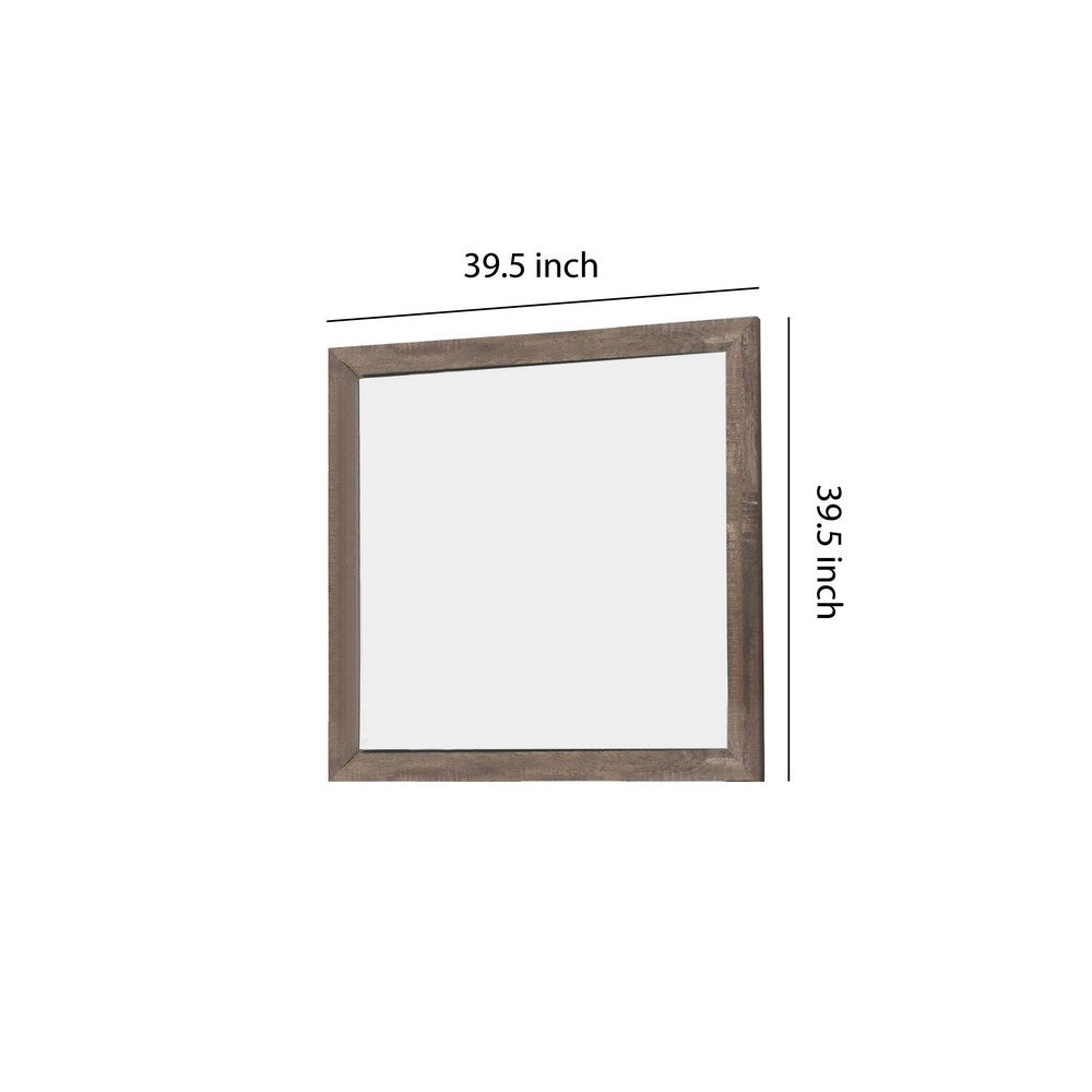 Transitional Mirror | Square Wood Frame | Textured Details | Brown