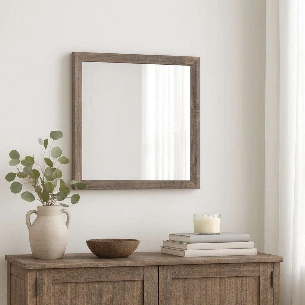 Transitional Mirror | Square Wood Frame | Textured Details | Brown