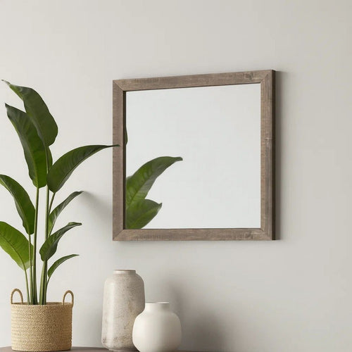 Transitional Mirror | Square Wood Frame | Textured Details | Brown