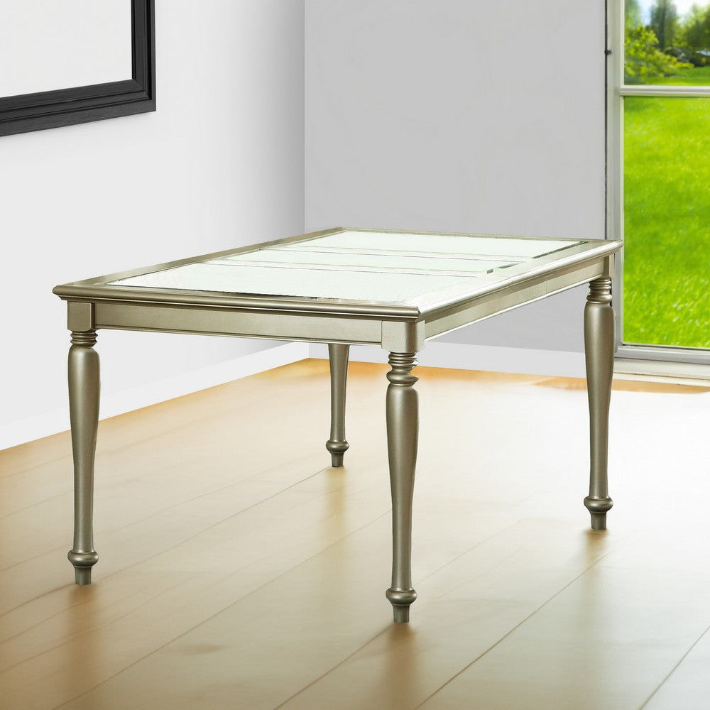 Rectangular Wooden Dining Table with Glass Top Inserts and Turned Legs,Gold By Casagear Home BM219997