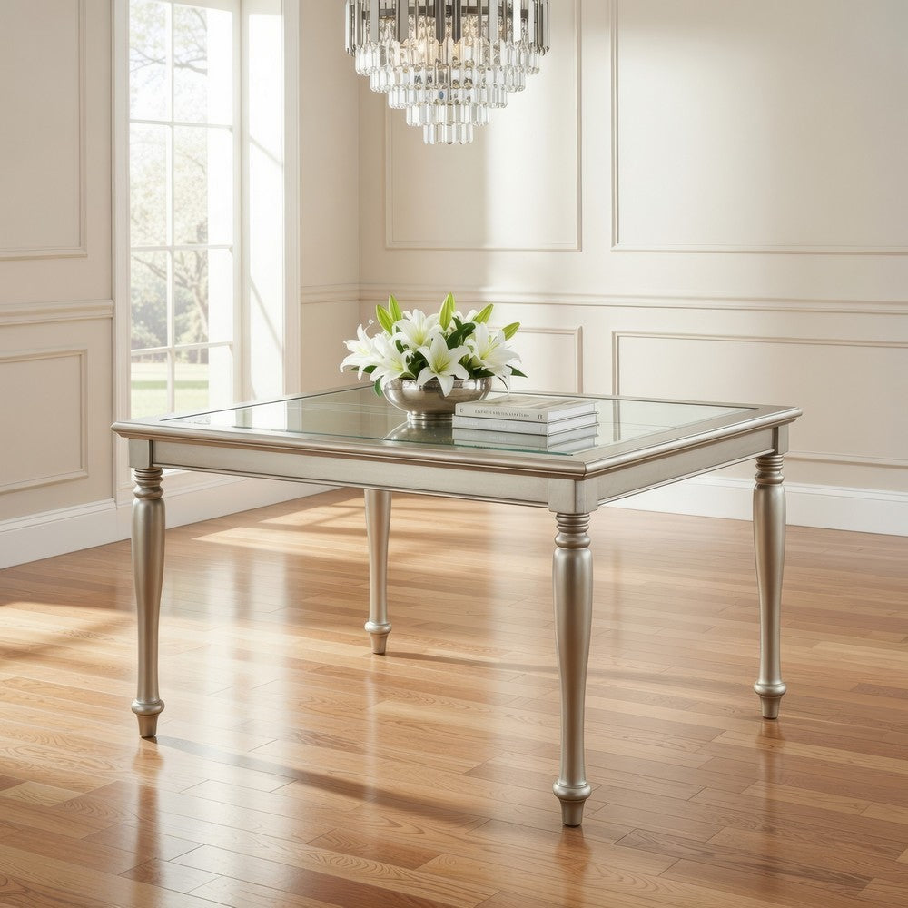 Rectangular Dining Table | Wood | Glass Top Inserts | Turned Legs | Gold
