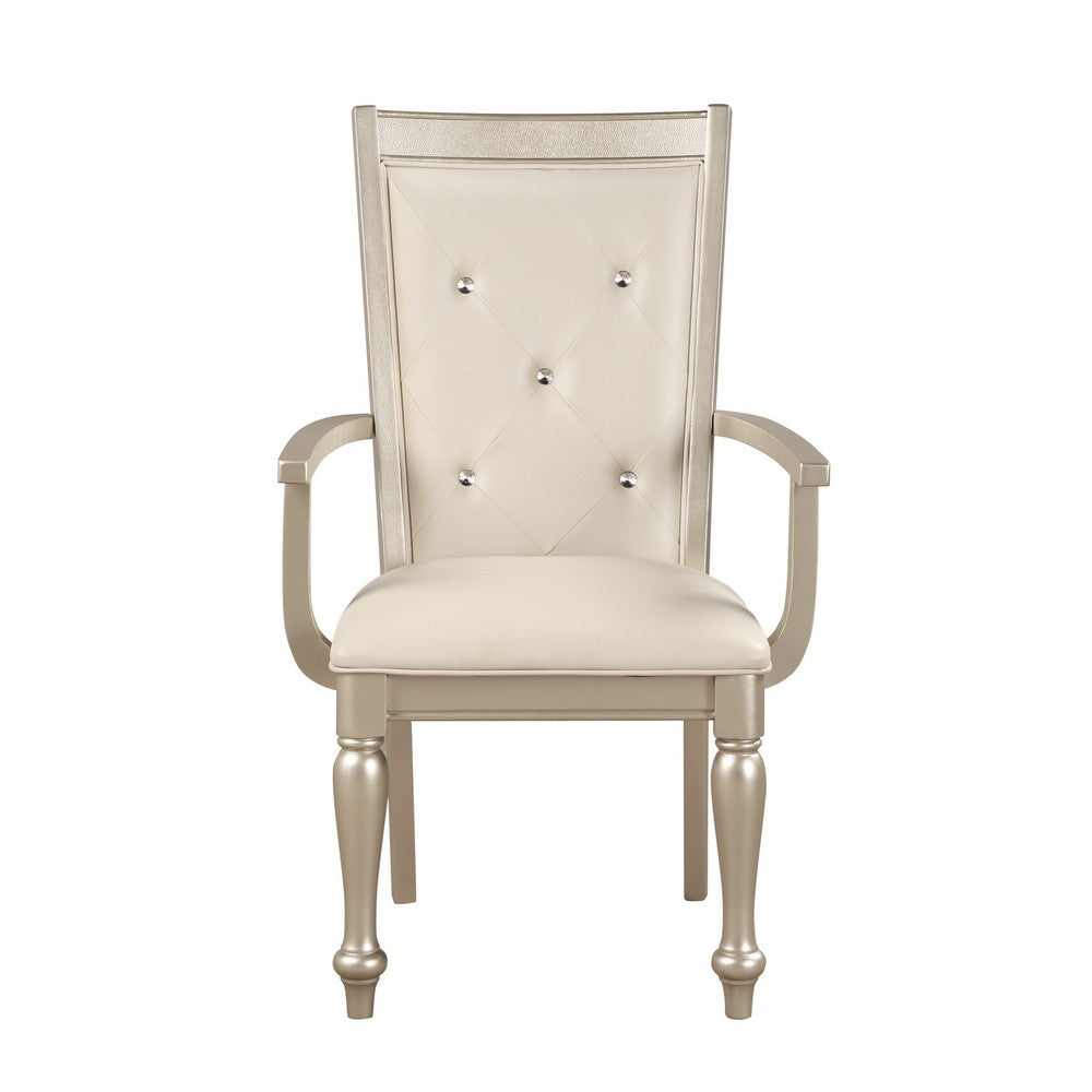 Wooden Set of 2 Arm Chairs with Crystal Tufted Leatherette Backrest, Silver