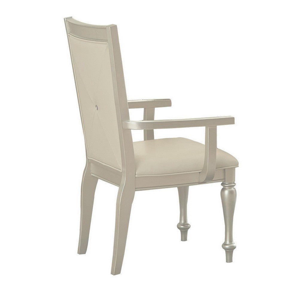 Wooden Set of 2 Arm Chairs with Crystal Tufted Leatherette Backrest, Silver
