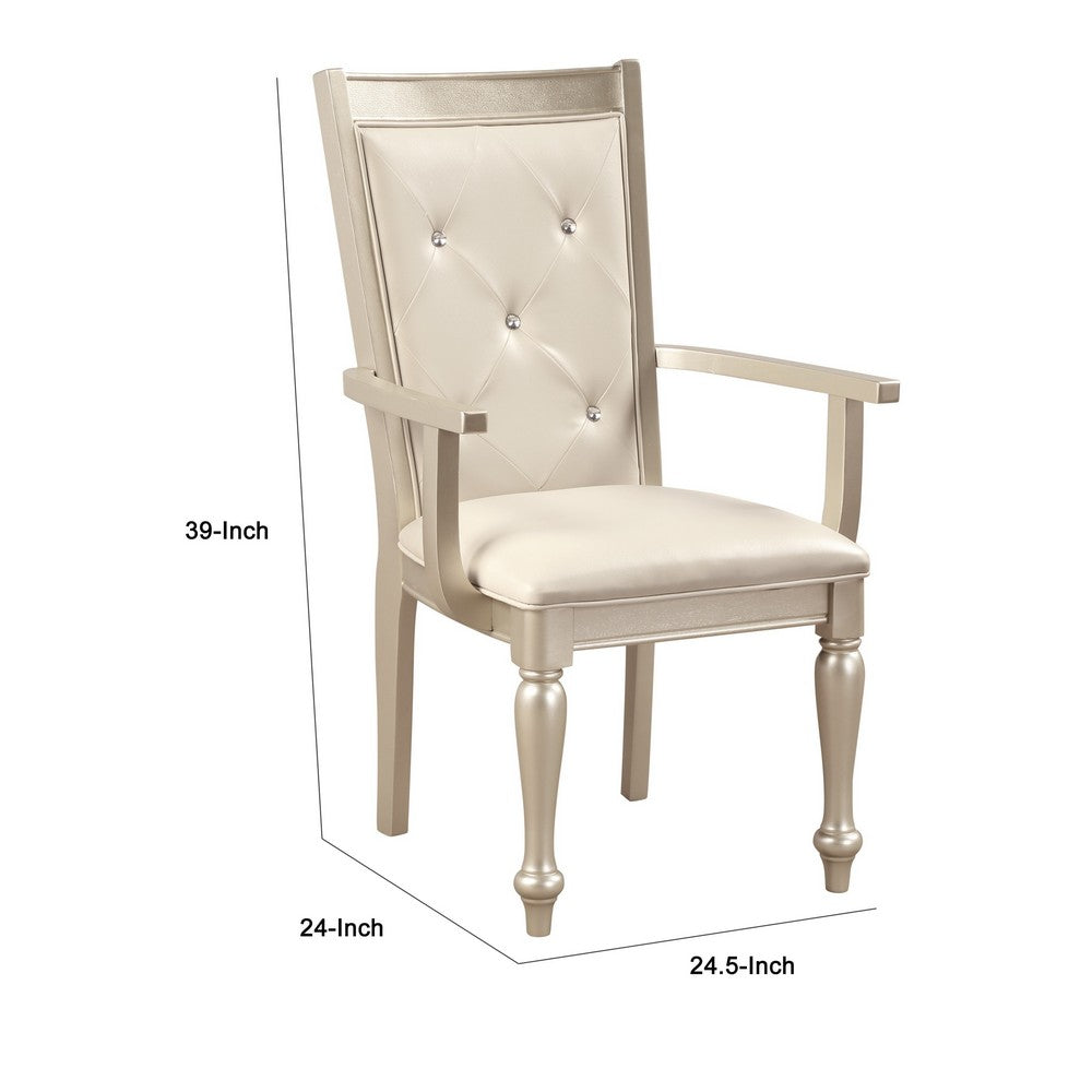 Wooden Set of 2 Arm Chairs with Crystal Tufted Leatherette Backrest, Silver