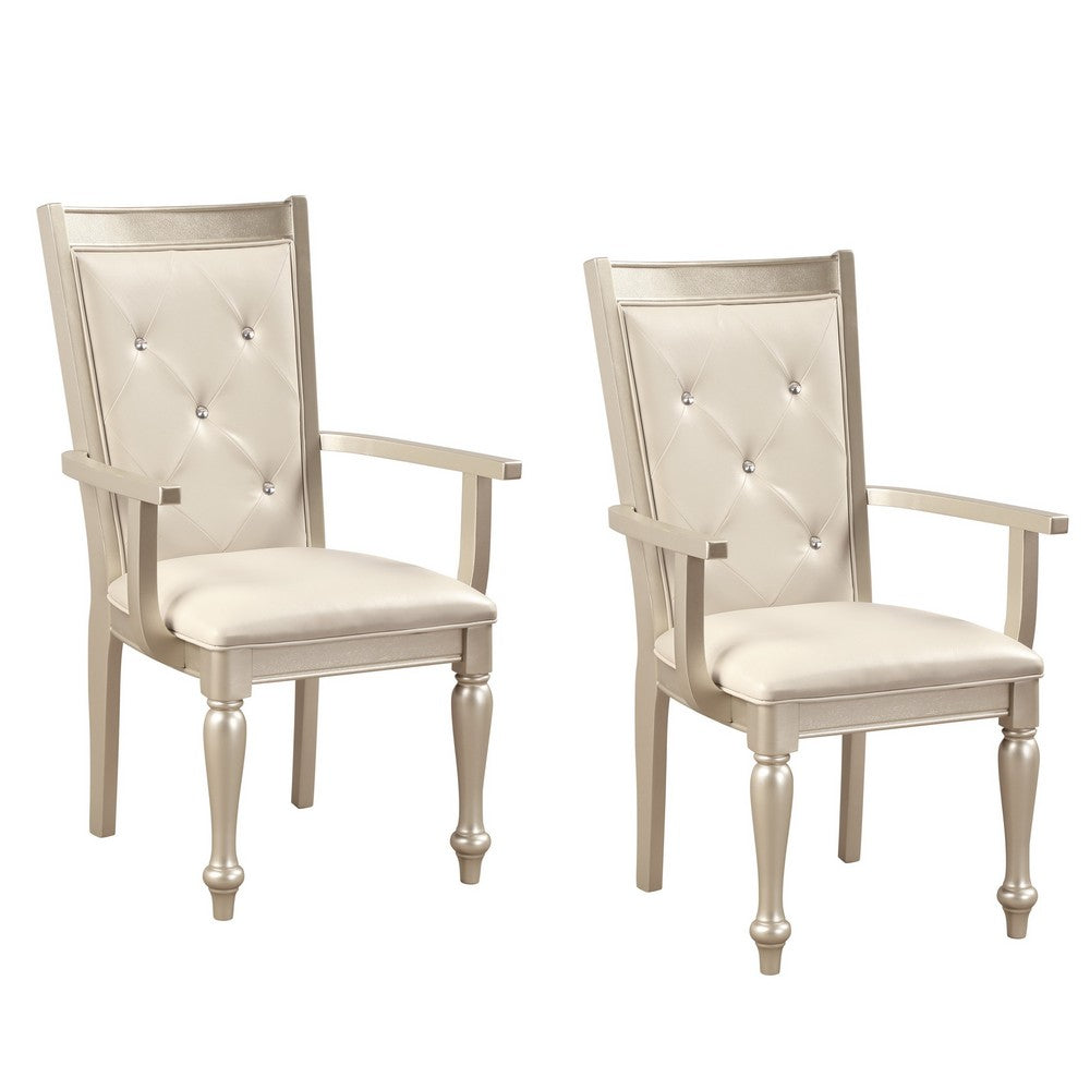 Wooden Set of 2 Arm Chairs with Crystal Tufted Leatherette Backrest, Silver