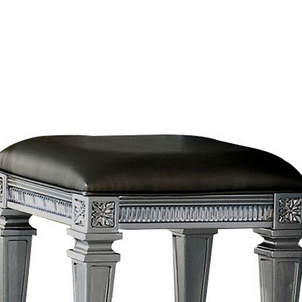 Vanity Stool | Wood | Faux Leather Seat | Faux Crystal Accents | Gray BM220011