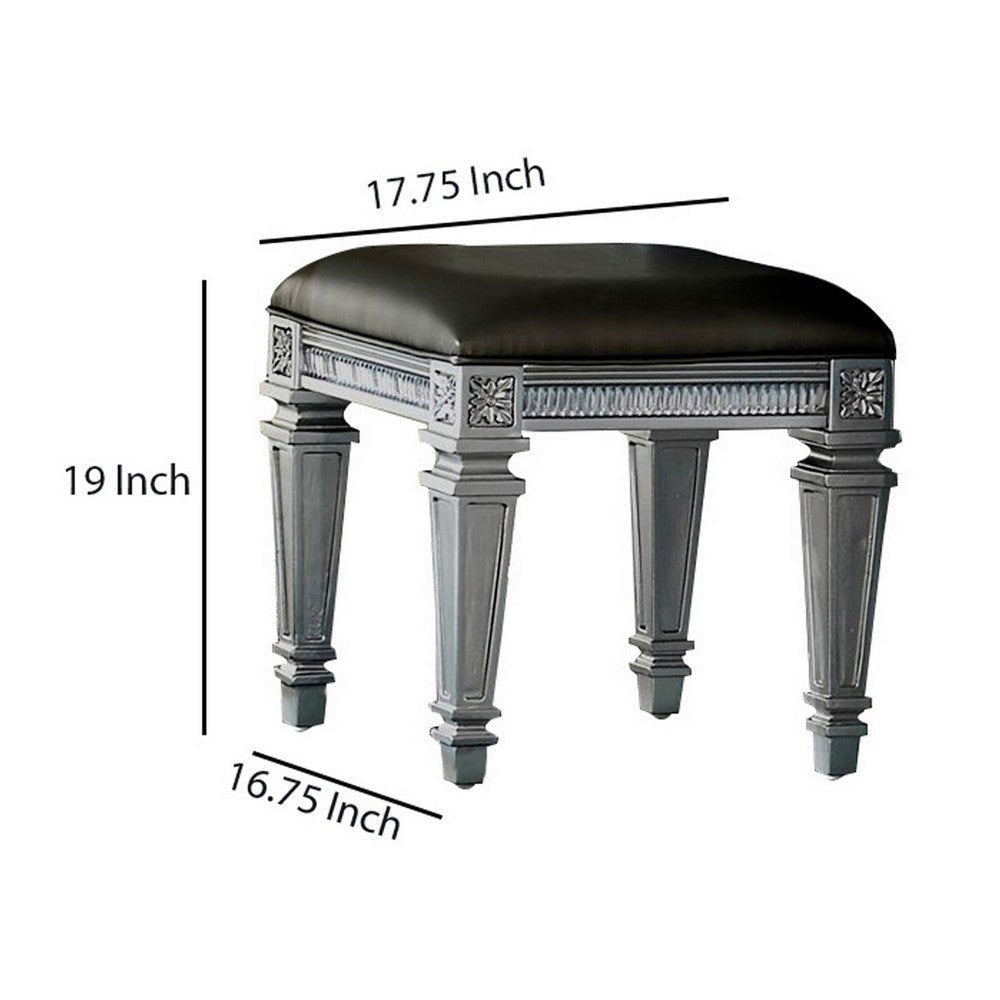 Vanity Stool | Wood | Faux Leather Seat | Faux Crystal Accents | Gray BM220011