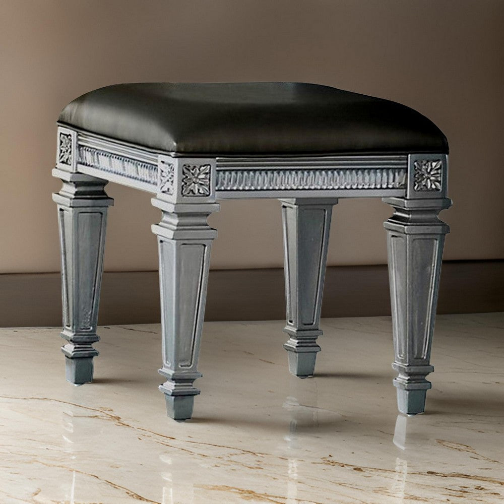 Vanity Stool | Wood | Faux Leather Seat | Faux Crystal Accents | Gray