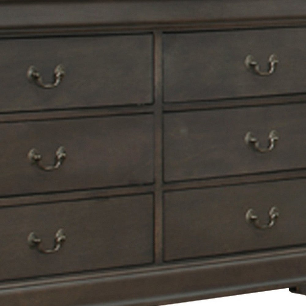 Transitional Wooden Dresser with 6 Drawers and Metal Handles, Gray