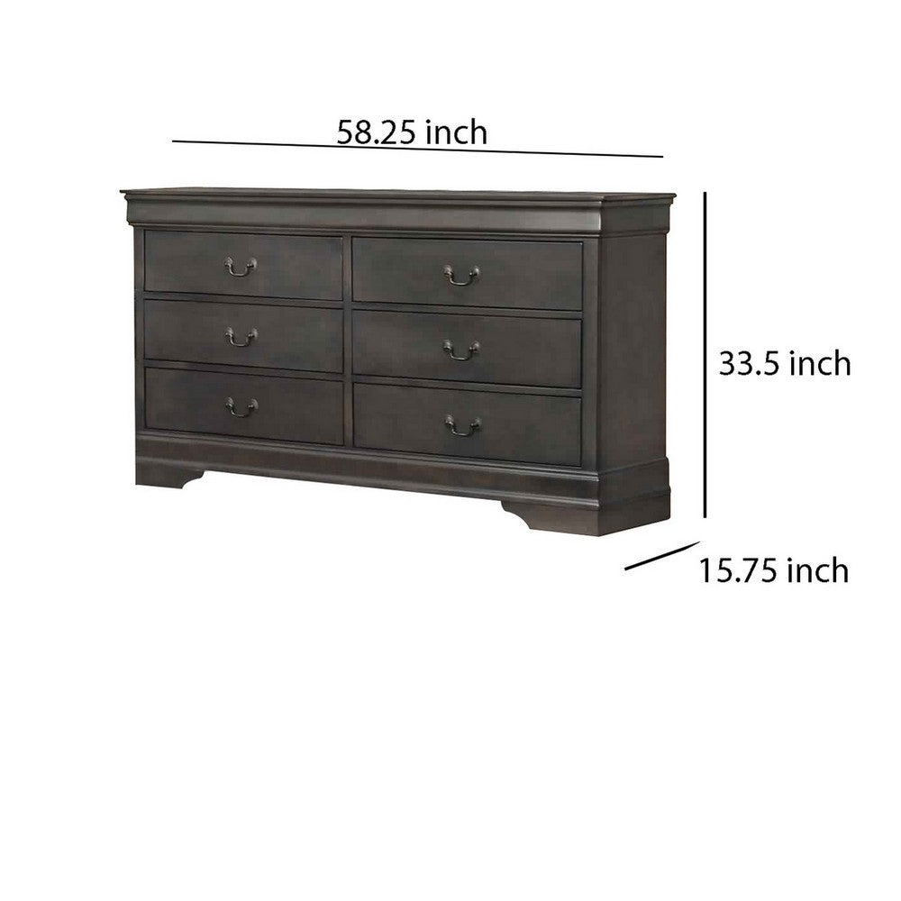 Transitional Wooden Dresser with 6 Drawers and Metal Handles, Gray
