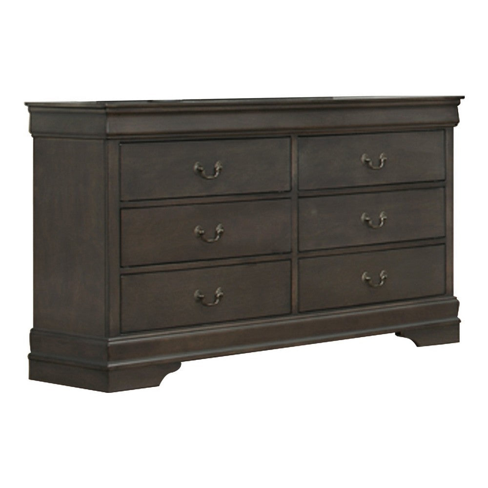 Transitional Wooden Dresser with 6 Drawers and Metal Handles, Gray