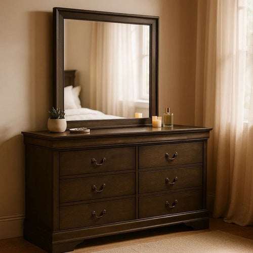 Transitional Wooden Dresser with 6 Drawers and Metal Handles, Gray