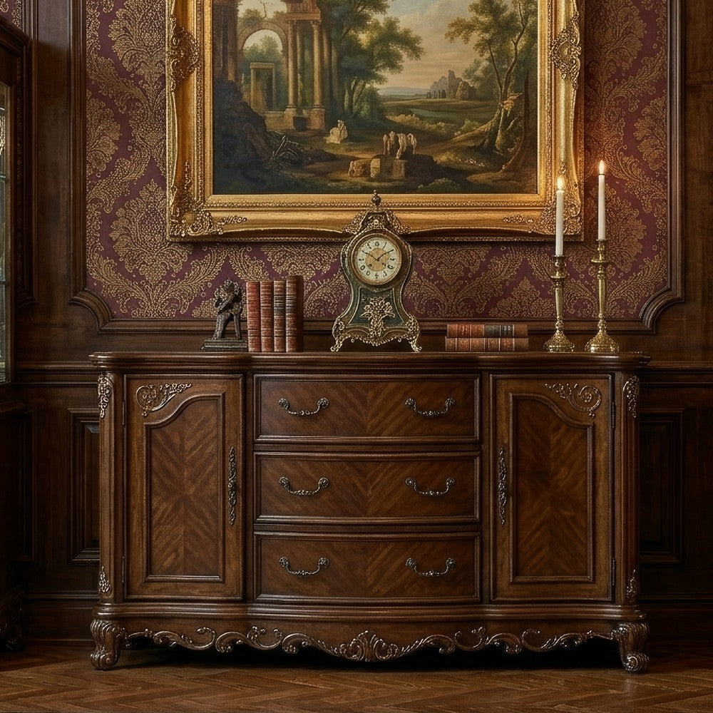Cabinet Buffet | Wood | 2 Doors | 3 Drawers | Claw Feet | Cherry Brown