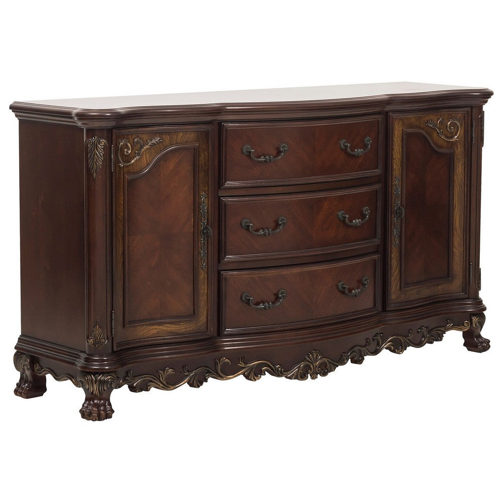 Cabinet Buffet | Wood | 2 Doors | 3 Drawers | Claw Feet | Cherry Brown